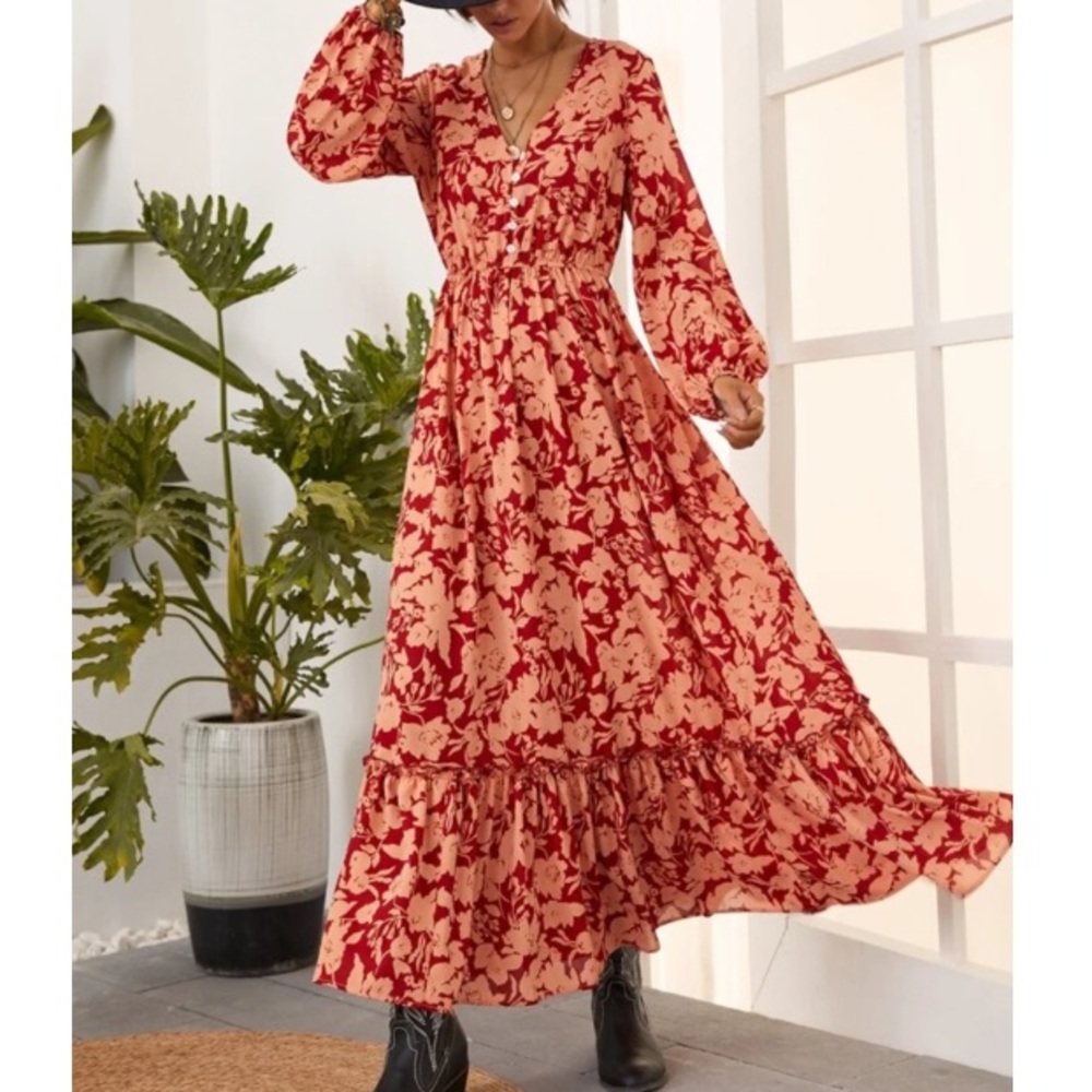 Boho gypsy  floral print button down ruffle hem maxi dress - Picture 2 of 6